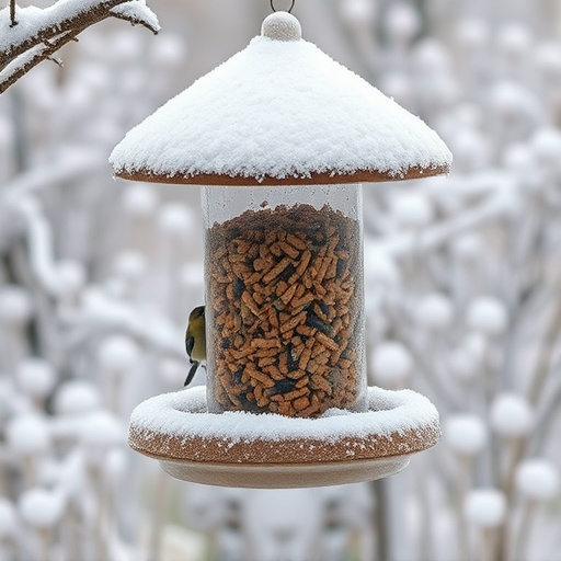 Frost-covered suet feeder in winter garden