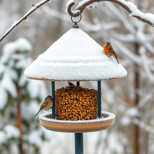 Frost-covered suet feeder in winter garden
