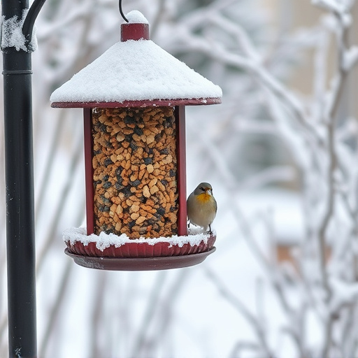 Frost-covered suet feeder in winter garden