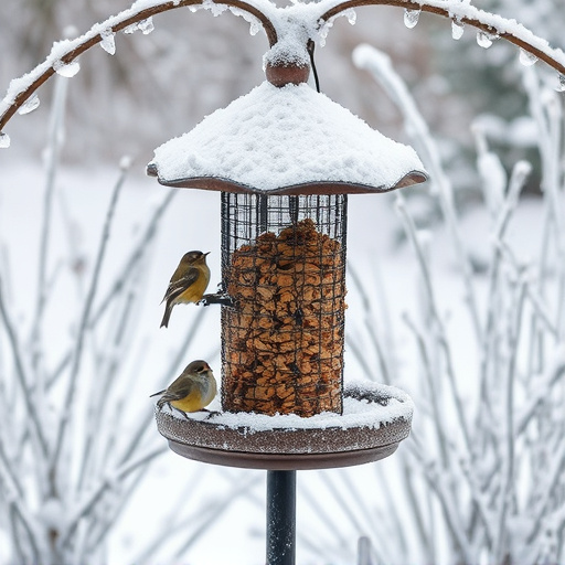 Frost-covered suet feeder in winter garden