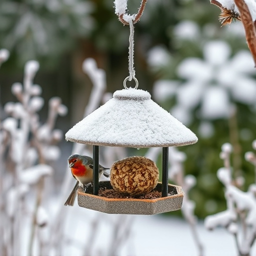 Frost-covered suet feeder in winter garden