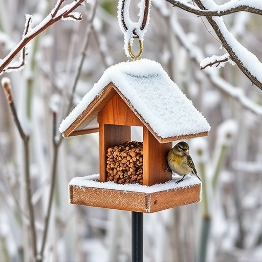 Frost-covered suet feeder in winter garden