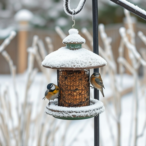 Frost-covered suet feeder in winter garden