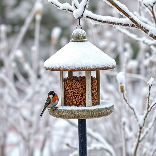 Frost-covered suet feeder in winter garden