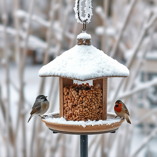 Frost-covered suet feeder in winter garden