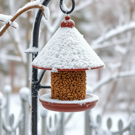 Frost-covered suet feeder in winter garden