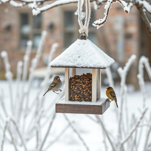 Frost-covered suet feeder in winter garden