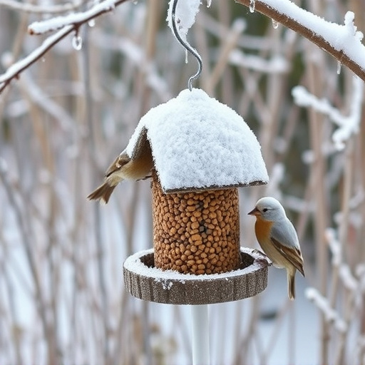Frost-covered suet feeder in winter garden