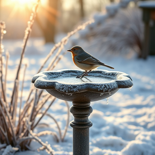 Frosted bird bath in winter morning light