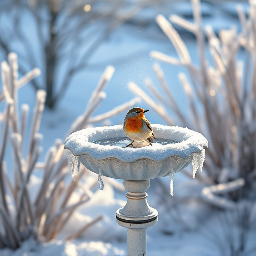 Frosted bird bath in winter morning light
