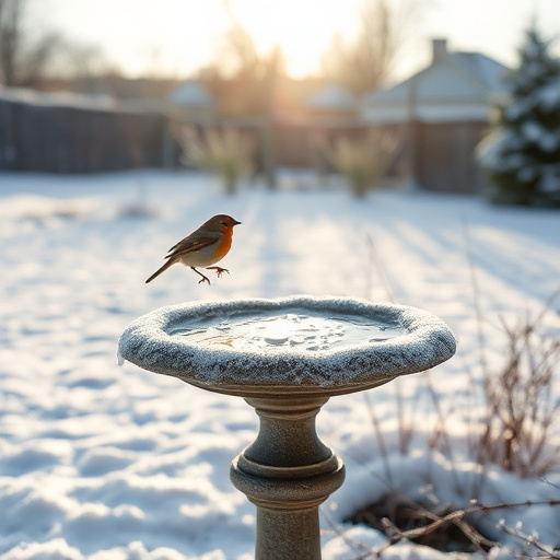 Frosted bird bath in winter morning light