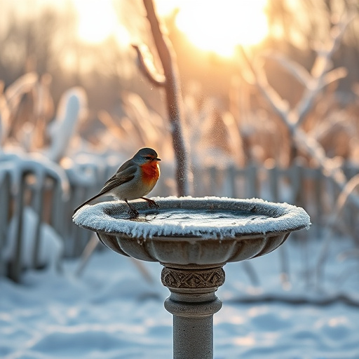 Frosted bird bath in winter morning light