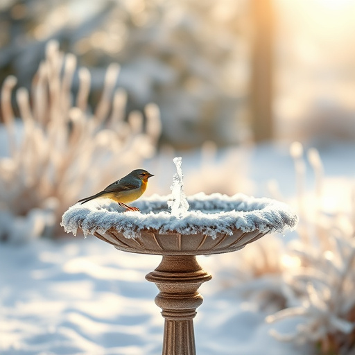 Frosted bird bath in winter morning light