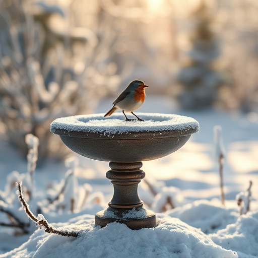 Frosted bird bath in winter morning light