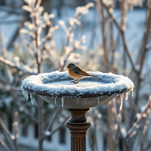 Frosted bird bath in winter morning light