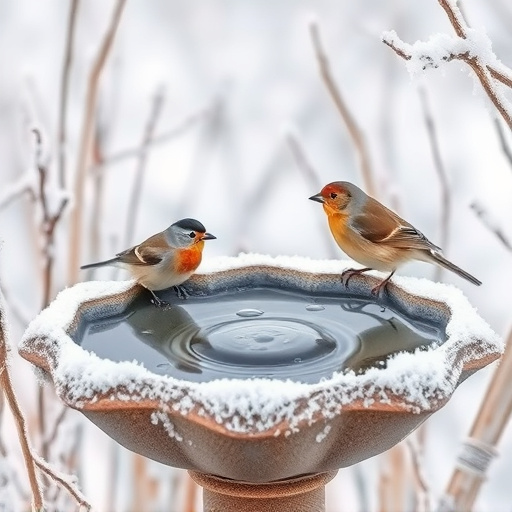 Frosty bird bath visited by small finch