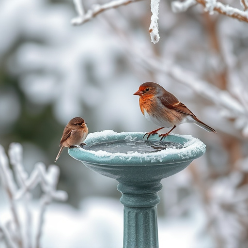 Frosty bird bath visited by small finch
