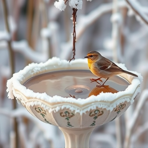 Frosty bird bath visited by small finch
