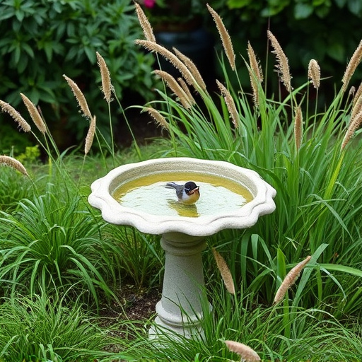 Garden bird bath surrounded by wild grass