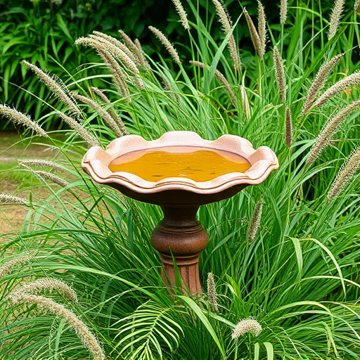 Garden bird bath surrounded by wild grass