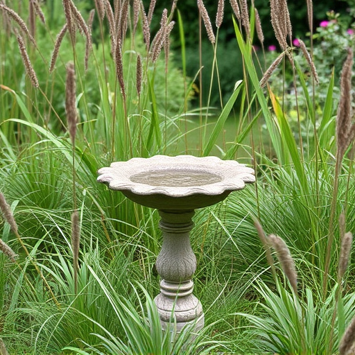 Garden bird bath surrounded by wild grass