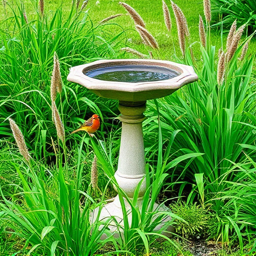 Garden bird bath surrounded by wild grass