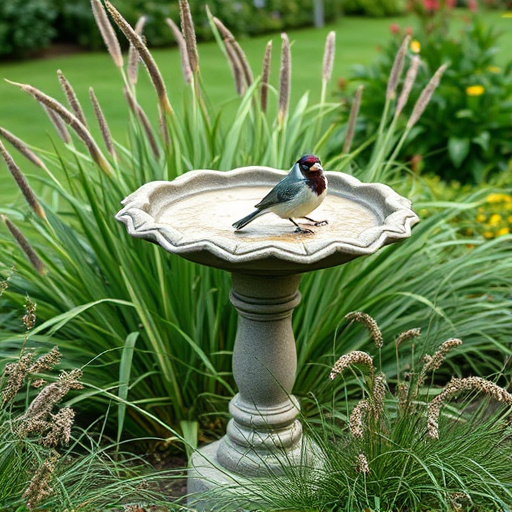 Garden bird bath surrounded by wild grass