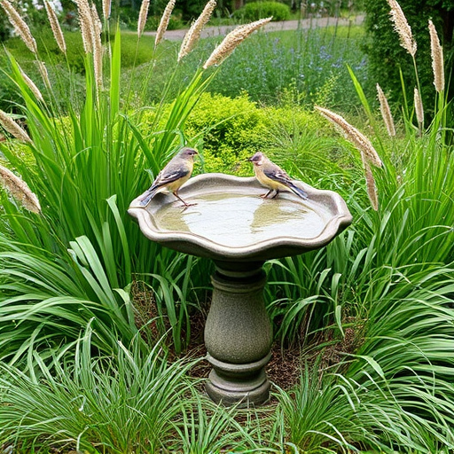 Garden bird bath surrounded by wild grass