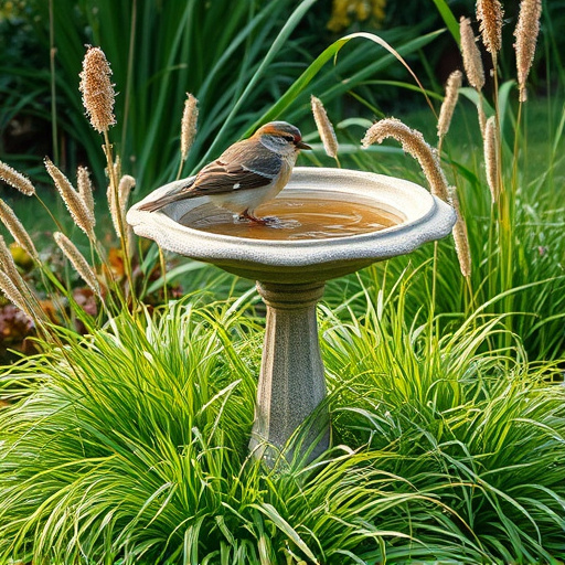Garden bird bath surrounded by wild grass