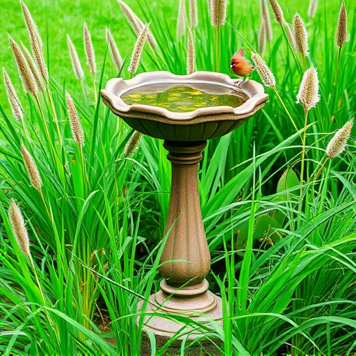 Garden bird bath surrounded by wild grass