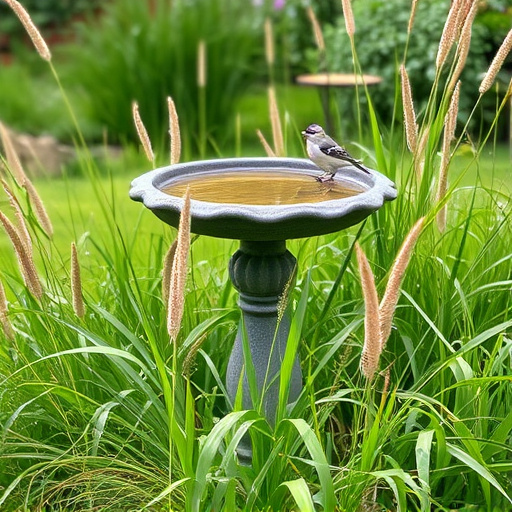 Garden bird bath surrounded by wild grass