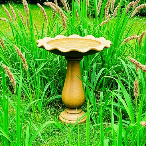 Garden bird bath surrounded by wild grass