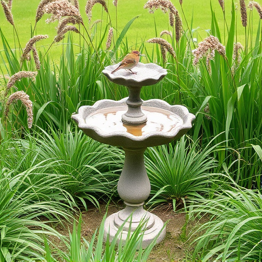 Garden bird bath surrounded by wild grass