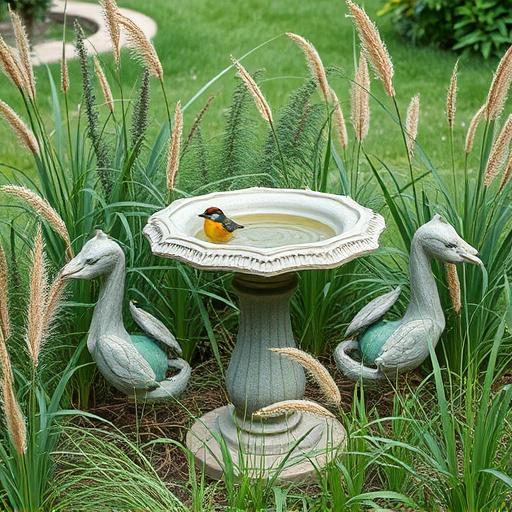 Garden bird bath surrounded by wild grass