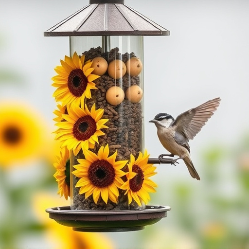 Garden bird feeder filled with sunflower hearts