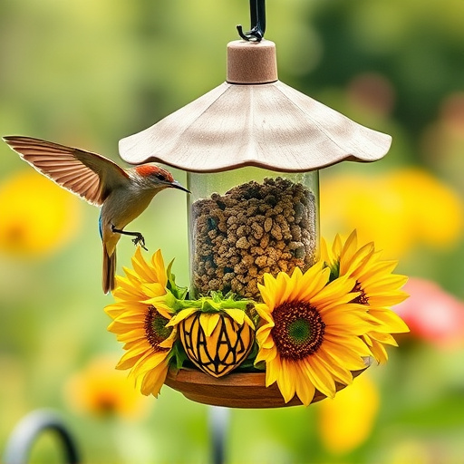 Garden bird feeder filled with sunflower hearts