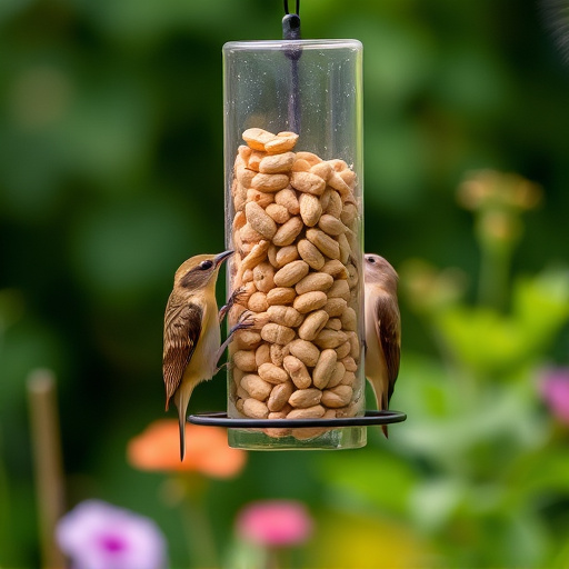 Garden bird pecking at hanging peanut feeder