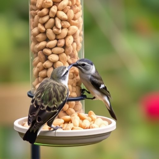 Garden bird pecking at hanging peanut feeder