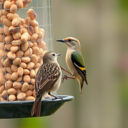Garden bird pecking at hanging peanut feeder