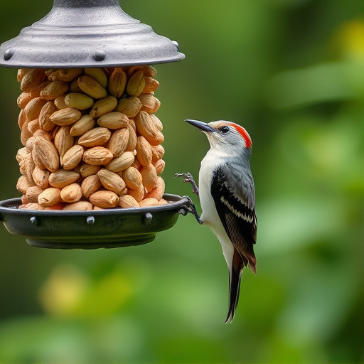 Garden bird pecking at hanging peanut feeder