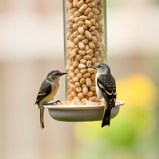 Garden bird pecking at hanging peanut feeder