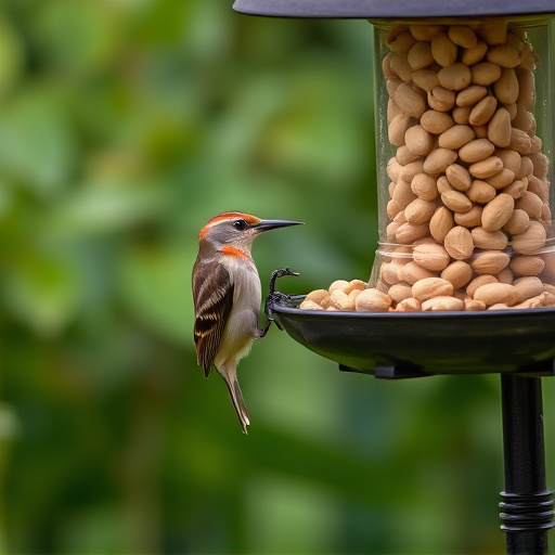 Garden bird pecking at hanging peanut feeder