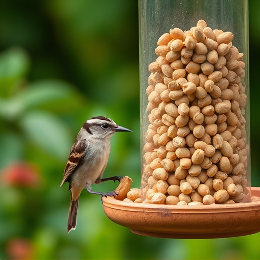 Garden bird pecking at hanging peanut feeder