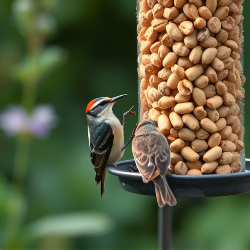 Garden bird pecking at hanging peanut feeder