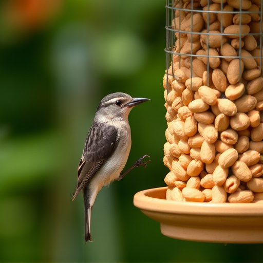 Garden bird pecking at hanging peanut feeder