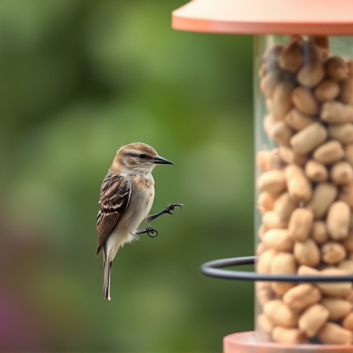 Garden bird pecking at hanging peanut feeder