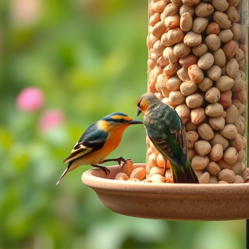 Garden bird pecking at hanging peanut feeder