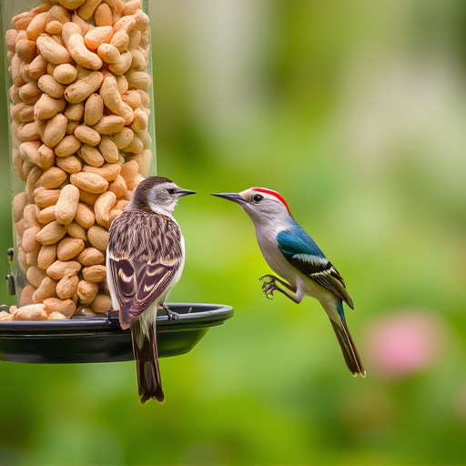 Garden bird pecking at hanging peanut feeder