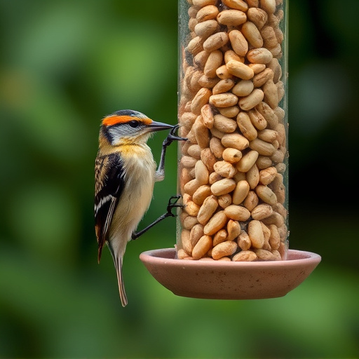 Garden bird pecking at hanging peanut feeder