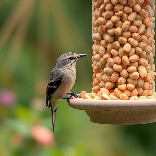 Garden bird pecking at hanging peanut feeder